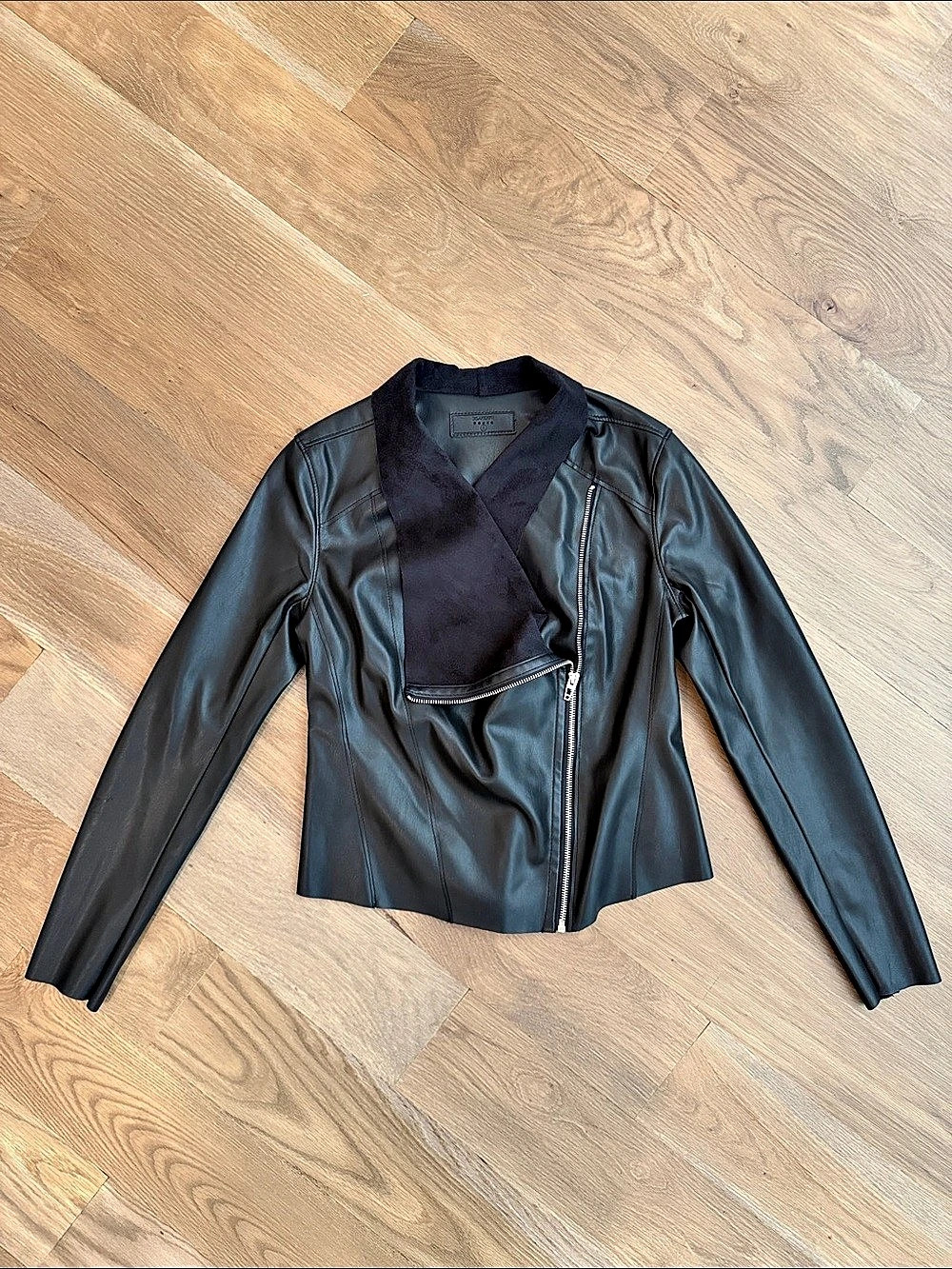 BlankNYC Faux Leather Drape Front Moto Jacket Black Moto Jacket Size Small